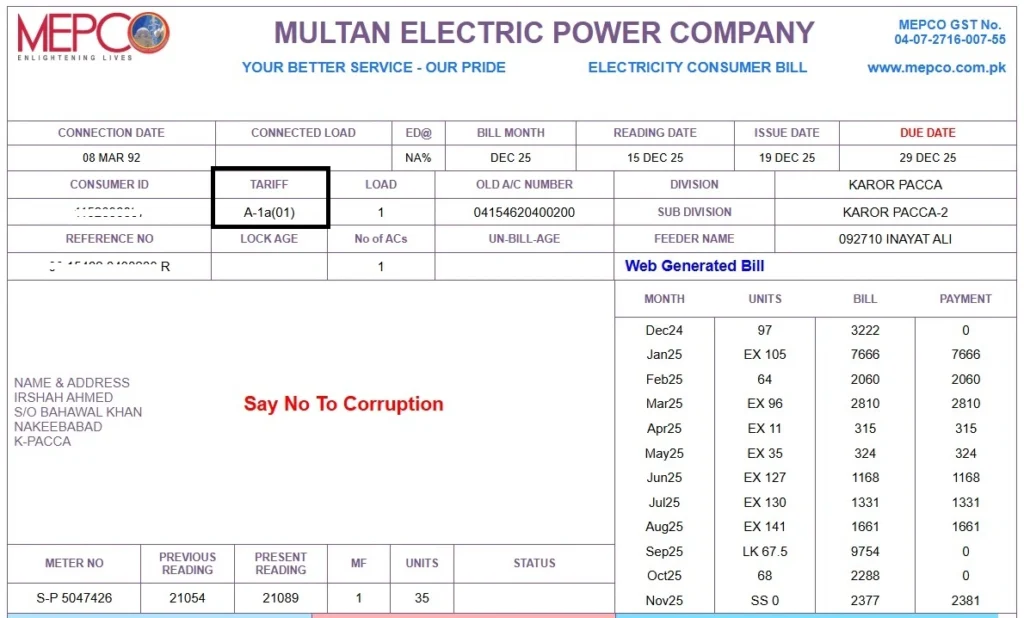 MEPCO Tariff Category