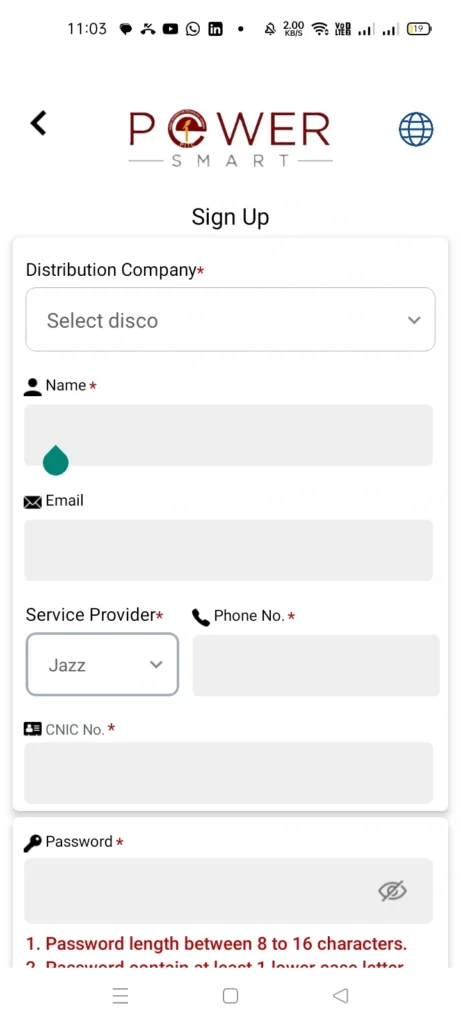 Power Smart App - Sign up