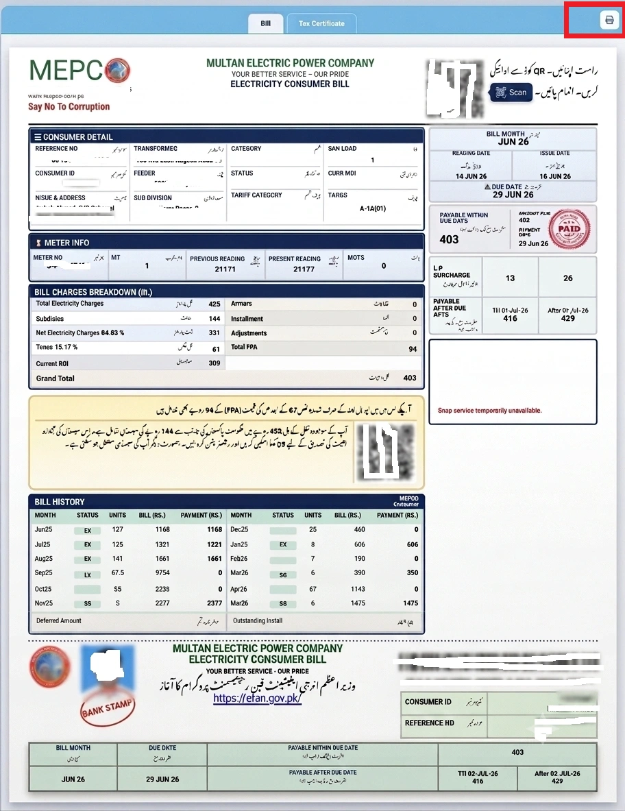 Print MEPCO Bill