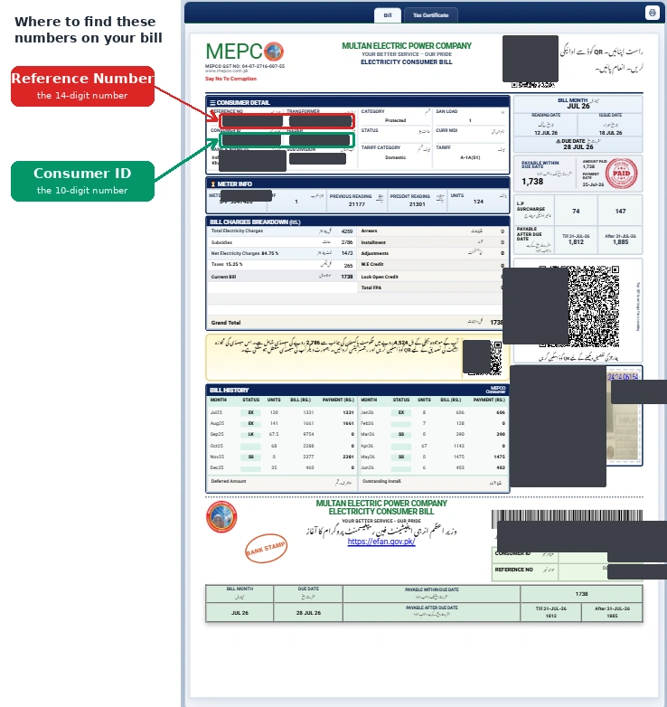 MEPCO Bill Reference No. and Consumer ID