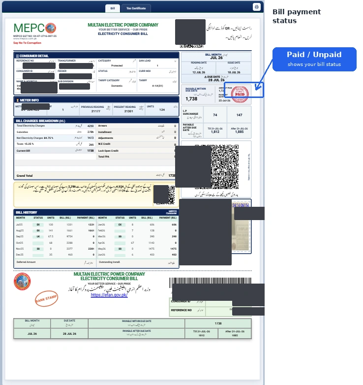 MEPCO Bill Payment Status