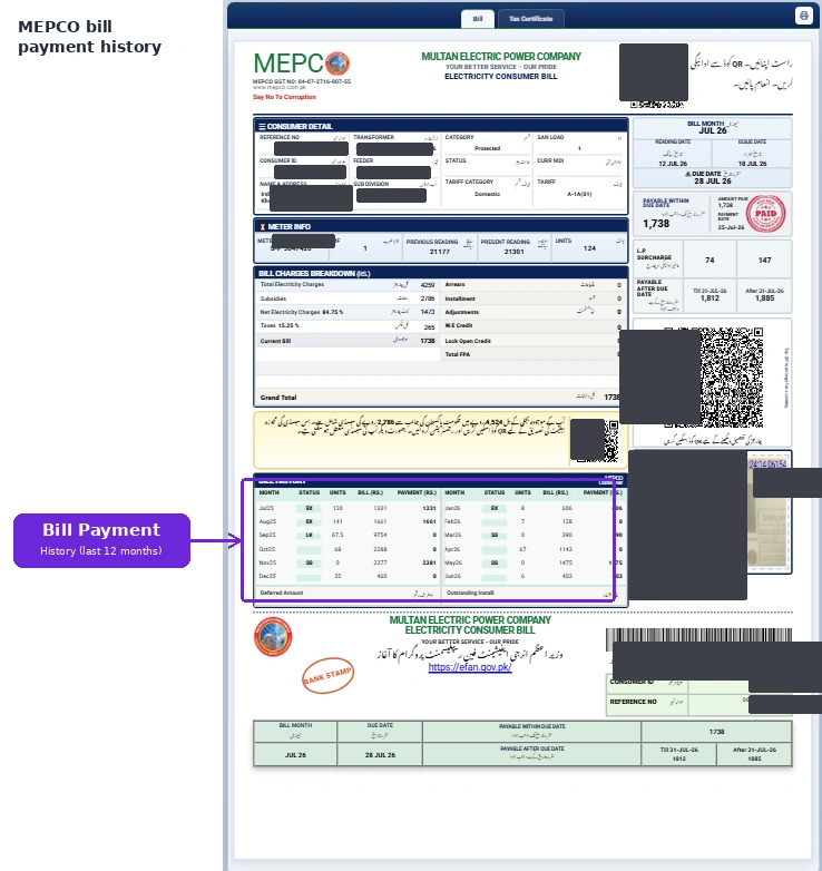 MEPCO Bill Payment History