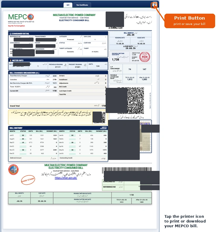 Print MEPCO Bill